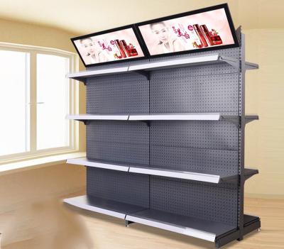 China Customized Size Metal Supermarket Display Shelving With Advertising Board for sale