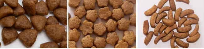Finished dog food products in various shapes