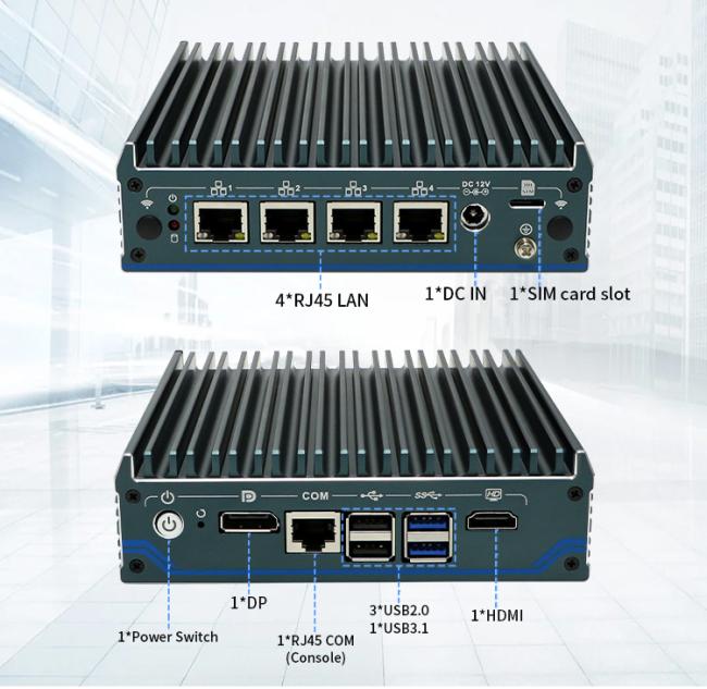 Mini PC rear panel with multiple LAN ports
