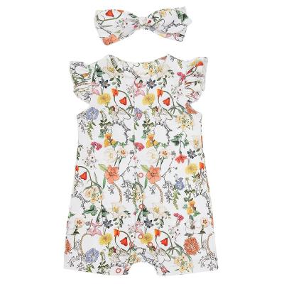 China 2pcs Sets Baby Cute Casual Summer Breathable Allover Flower Printed Falbala Sleeve Baby Jumpsuit for sale