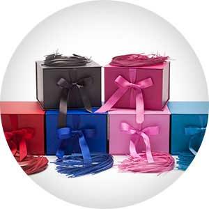 All-in-one gift boxes in pink, red, black and blue for bridesmaids gifts, sorority gifts & weddings