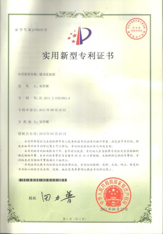 Letter of Patent - Dongguan Fuyconn Electronics Co,.LTD
