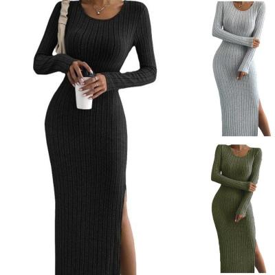 China 2024 Autumn and Winter New Long sleeved Round Neck Split Knitted Long Dress for Women for sale
