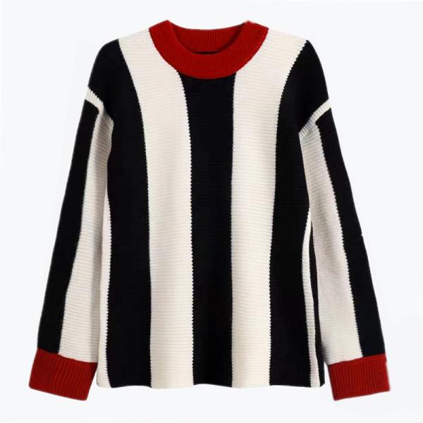 Quality 2024 New Women's Sweater Round Neck Stripe Versatile Loose Long sleeved Knitted Top Casual Academy Style for sale