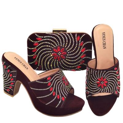 China New fashion african Fashion shiny stones black high heel shoes and matching bags Italian shoes with purse for wedding/party for sale