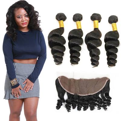 China Authentic 8A Loose Curly Indian Remy Hair Weave 4 Bundles With Frontal for sale