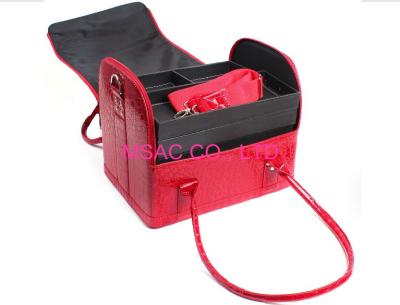 China Red Beauty Travel Cosmetic Bags , Crocodile Leather Cosmetic Train Case for sale