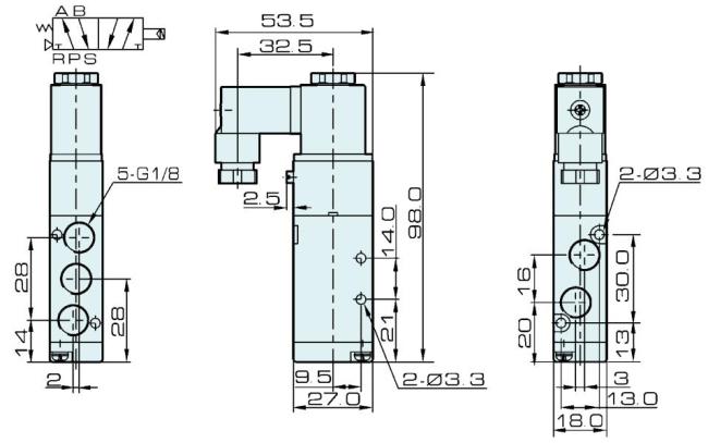 Dimension of 4V100 Series Internal Pilot Operated Pneumatic Valve:
