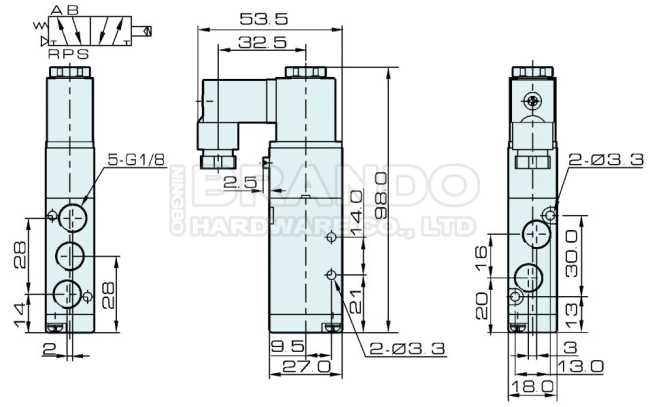Dimension of 4V110-06 Pneumatic Solenoid Valve: