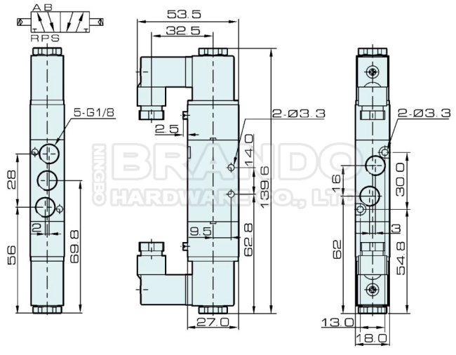 Dimension of 4V120-06 Pneumatic Solenoid Valve: