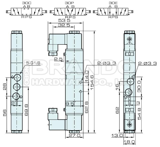 Dimension of 4V130C-06 Pneumatic Solenoid Valve: