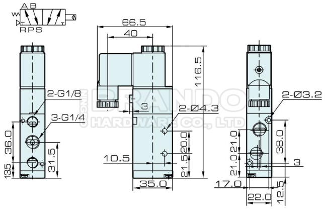 Dimension of 4V130C-06 Pneumatic Solenoid Valve: