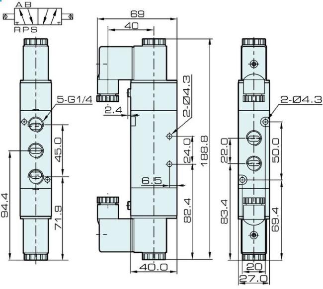 Dimension of 4V320-08 Pneumatic Solenoid Valve: