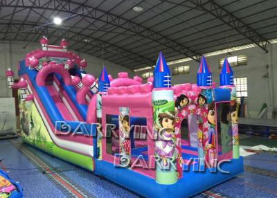 China Pink Dora Cartoon Commercial Inflatable Slide With Bouncy Castle / Bouncy Slide for sale