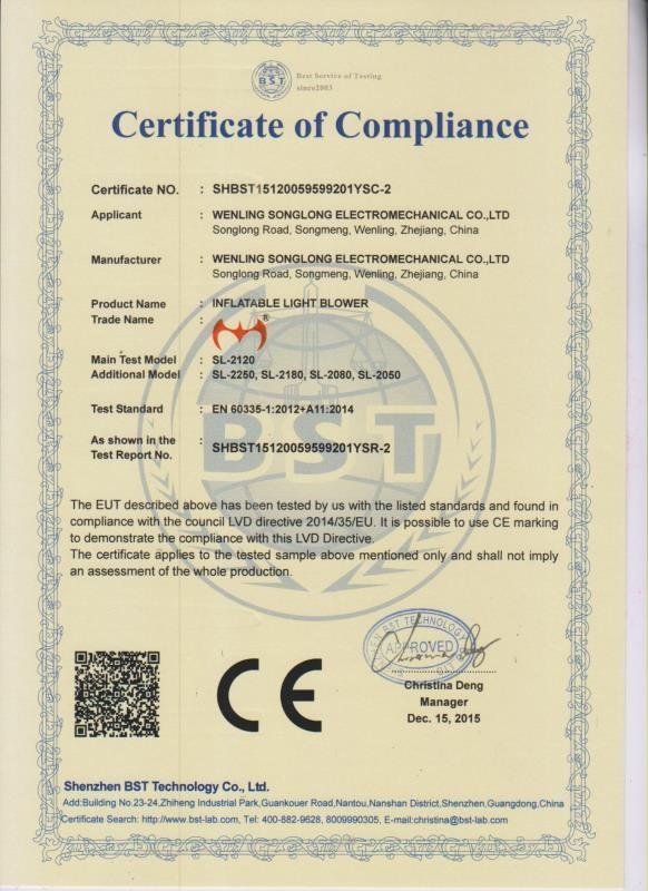 Certificate of Compliance - Wenling Songlong Electromechanical Co., Ltd.