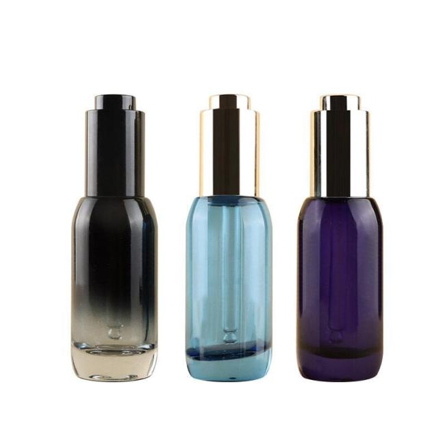 30ml luxury gradient glass press dropper bottle with aluminum collar and white rubber dropper for serum and essential oil packaging