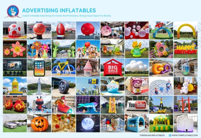 Custom inflatable advertising decorations including arches flowers mirror balls bottles and event display models for commercial events