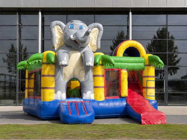 · Inflatable elephant bounce house with mesh walls palm tree details and colorful slide structure