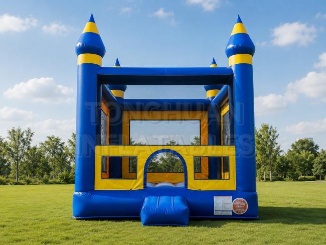 castle inflatable bouncer with blue yellow tower design for kids parties and rental events