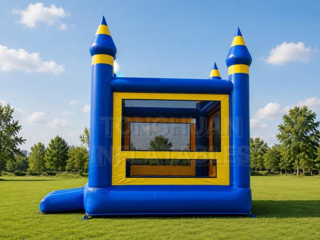 custom blue yellow inflatable castle bouncer with safe play area and tall corner towers