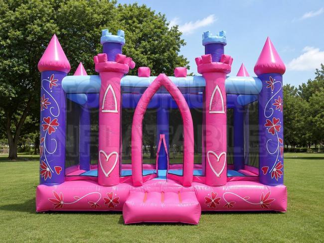 princess castle inflatable bouncer with pink purple towers for kids parties and rentals