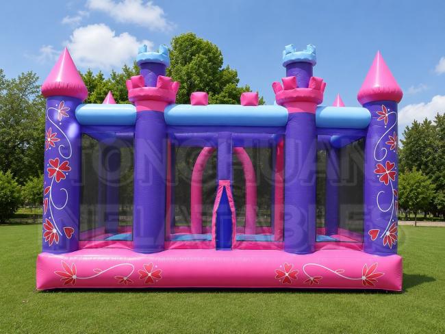 pink inflatable bounce house with mesh walls and front entrance step for children events