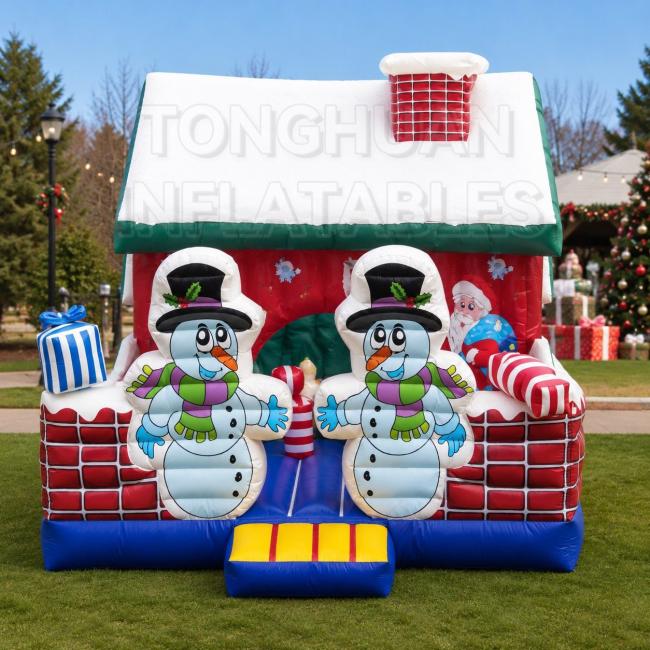 Christmas house inflatable bouncer with snowman artwork for kids holiday events