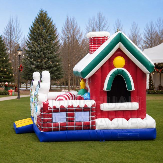 snowman inflatable bounce house with snow roof and red brick wall design