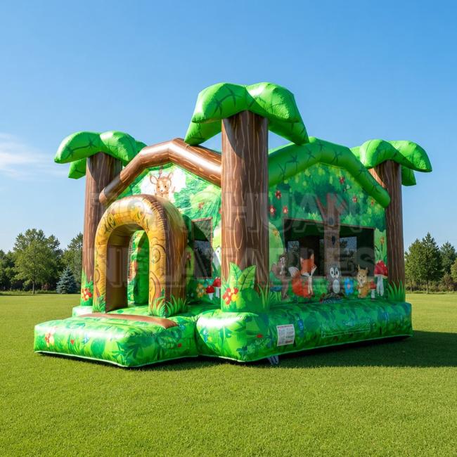 woodland animal inflatable bounce house with tree house styling and mesh windows