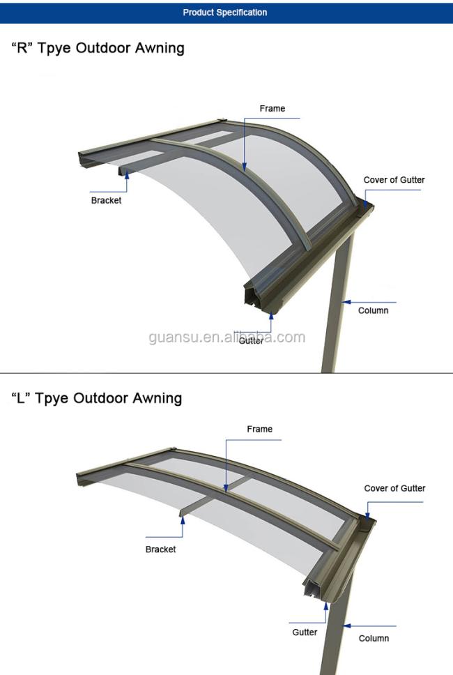 1000*1000mm Sunshade Waterproof Plastic Bracket For Polycarbonate Canopy PC Awning