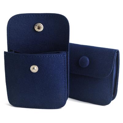 China Snap Button Custom Packaging Solutions Ring Earing Storage Pouch Packaging Blue Microfiber for sale