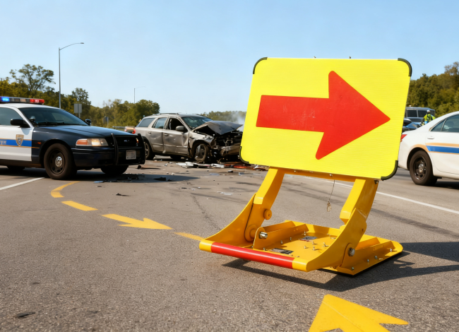 Portable Vehicle Barricade showing foldable design and bright yellow finish