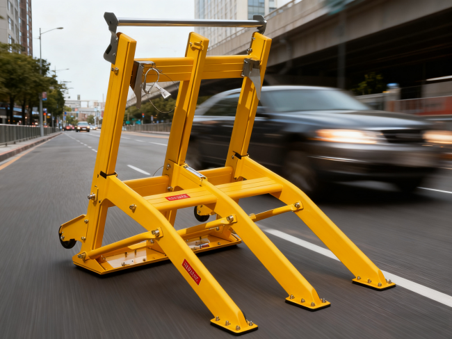 RMHs Portable Vehicle Barrier showing foldable design and safety features