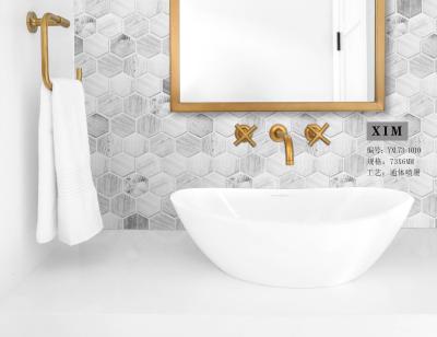 China Inkjet printing SGS Hexagon Mosaic Wall Tile , 48x6mm Countertop Glass Tile Wood Marble for sale