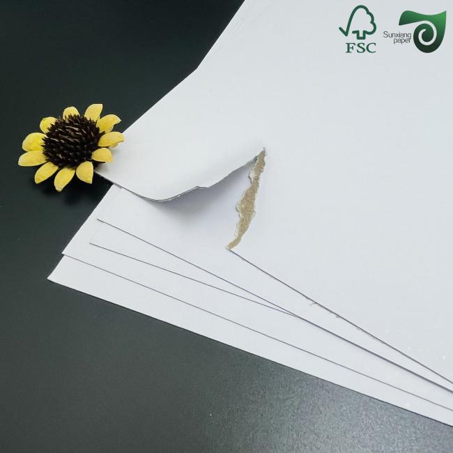 FSC Certified Hard Fold Duplex Board sample showing white front surface