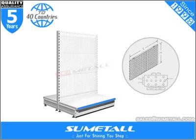 China Movable Steel Gondola Retail Display Shelving 50mm Pitch Hole With Pegboard for sale