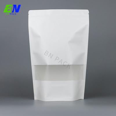 China Stock Plain Stand Up Resealable Food Grade White Kraft Paper Bags With Window For Snack for sale