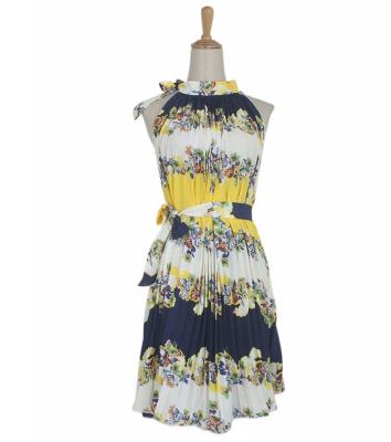 China Summer Halterneck Floral Print Sleeveless Pleated Dresses With Belt For Women for sale
