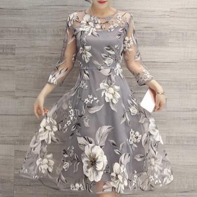 China fashion & charming round neck 3/4 sleeve floral print see-trough women's dress for sale