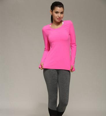 China solid color round neck  long sleeve nylon sports fitness T-shirt for ladies for sale