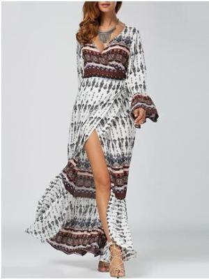 China Ethnic Print High Slit Bell Sleeve Wrap Dress Bohemian beach long woman dress for sale