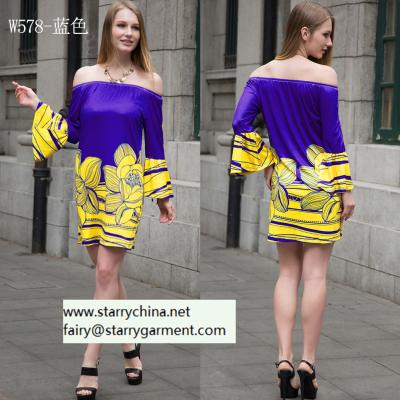 China plus size rose  printed ladies' short dress with off-shoulder bold color for women à venda