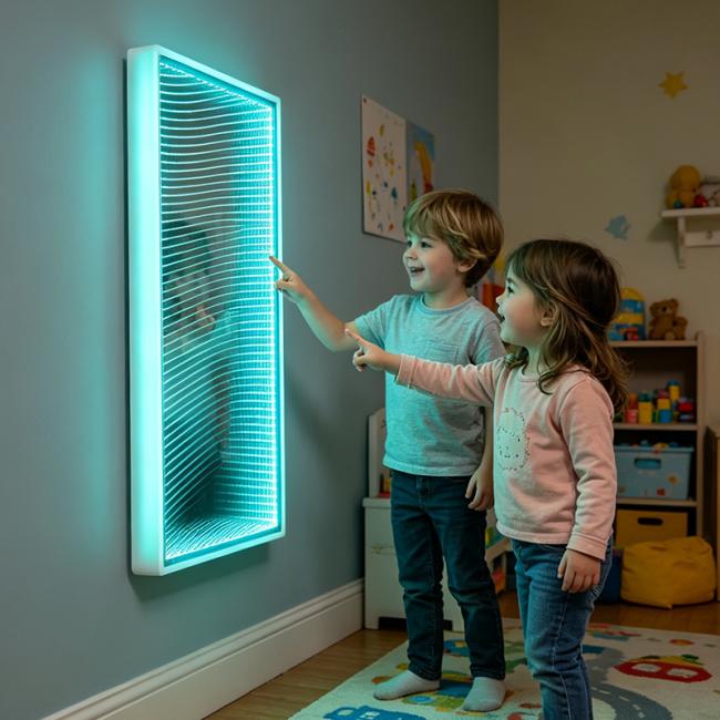 Rectangle infinity tunnel light mounted on a wall, showing endless RGB LED depth effect, remote control in hand