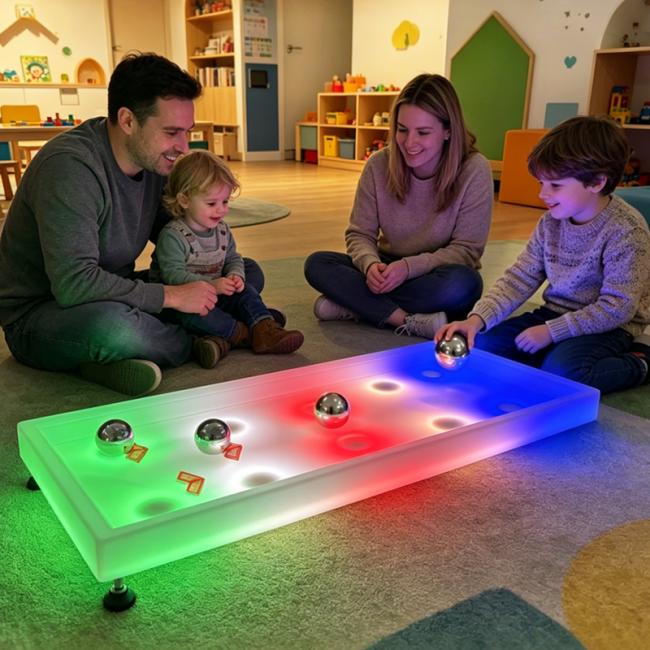 Children playing uphill bowling on light-up tracks, and flat tray with sand and water play