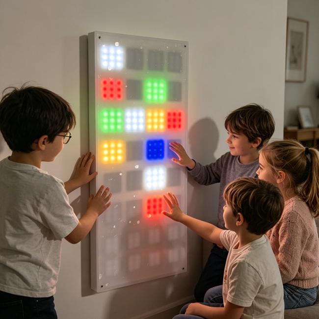 Wall-mounted touch-sensitive LED panel with colorful squares