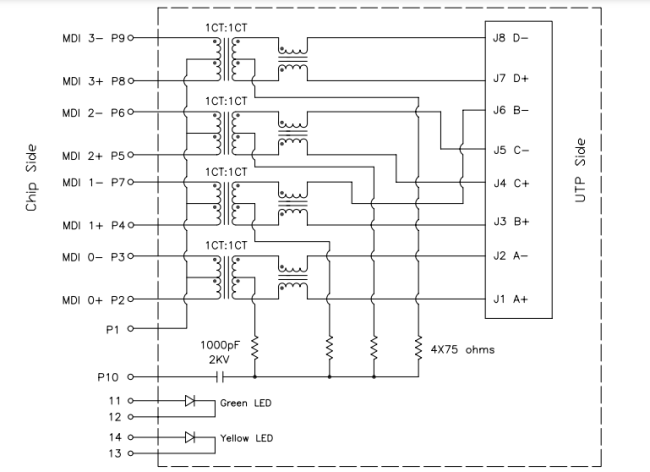 HY911130A Single Port RJ45 Connector Schematics: