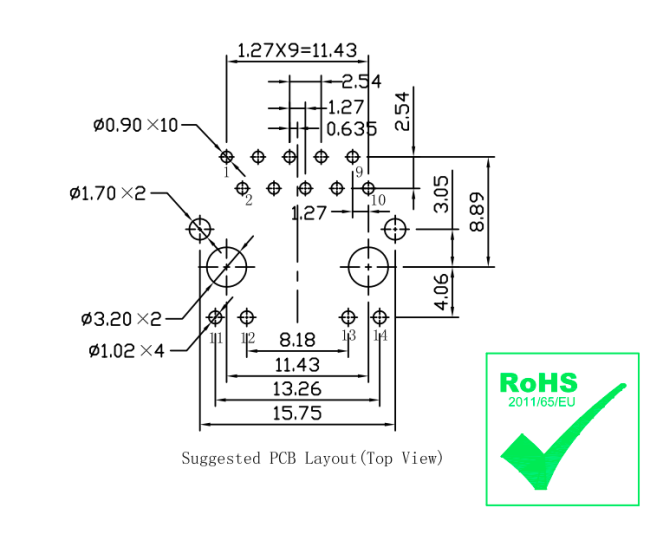LPJG0843GENL RJ45 Datasheet - Suggested PCB Layout