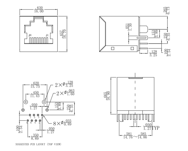 LPJD0011DNL Vertical RJ45 Connector Datasheet - Mechanical