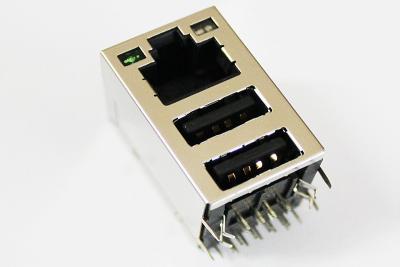 中国 LEDs の側面の記入項目 JFM38U1B-21AH-4F が付いている 10/100 の基盤T の IEEE 標準的な RJ45 USB のコネクター 販売のため
