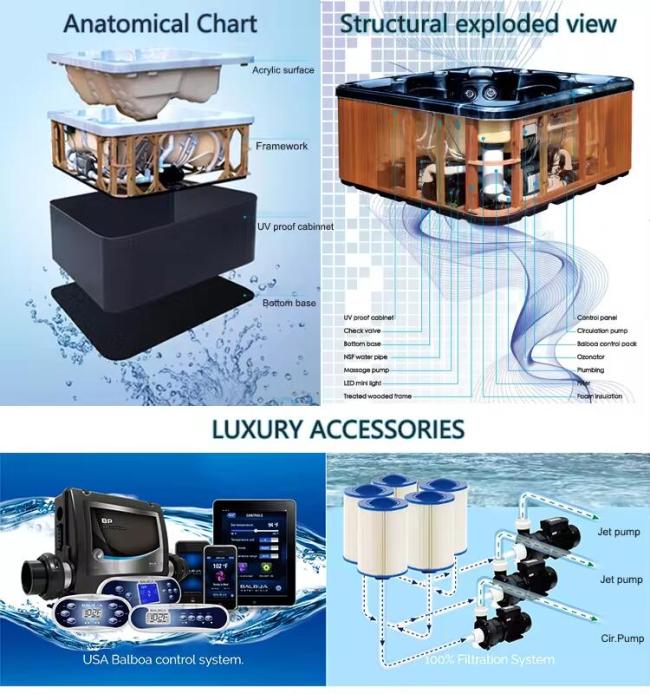 Cool Spa Tubs For 5 Persons Luxury Outdoor Hot Tub With Whirlpool Massage Acrylic Bathtubs with Bluetooth Speaker